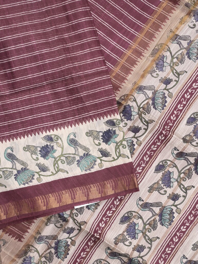 Tussar fancy saree with allover stripes and printed border with attached plain blouse