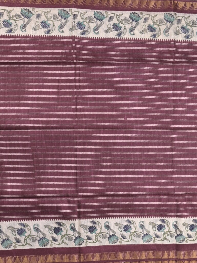 Tussar fancy saree with allover stripes and printed border with attached plain blouse