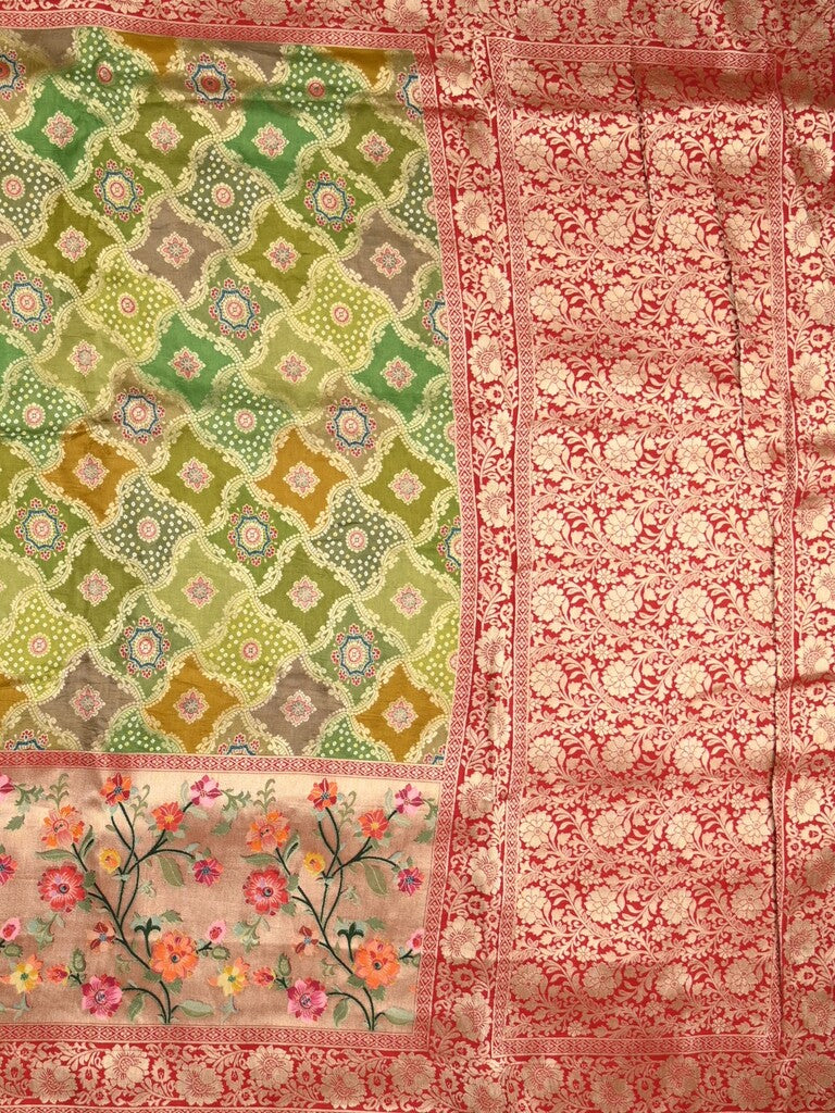 Dola silk fancy saree multi color allover weaves & zari border with rich pallu and attached plain blouse