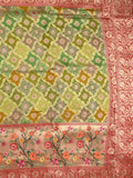 Dola silk fancy saree multi color allover weaves & zari border with rich pallu and attached plain blouse