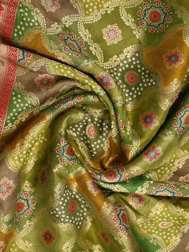 Dola silk fancy saree multi color allover weaves & zari border with rich pallu and attached plain blouse