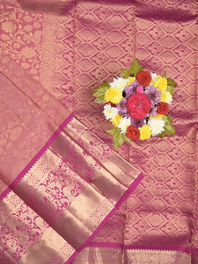 Kanchi pattu saree onion pink color allover zari weaves & zari border with rich pallu and contrast plain blouse