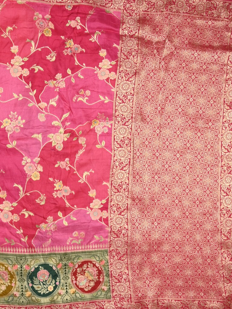 Dola silk fancy saree pink and red color allover weaves & zari border with rich pallu and attached plain blouse