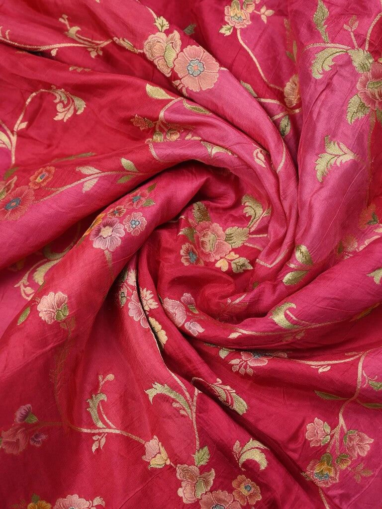 Dola silk fancy saree pink and red color allover weaves & zari border with rich pallu and attached plain blouse
