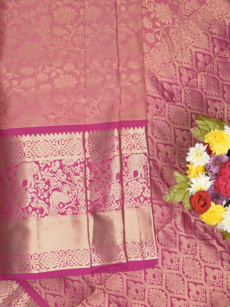 Kanchi pattu saree onion pink color allover zari weaves & zari border with rich pallu and contrast plain blouse