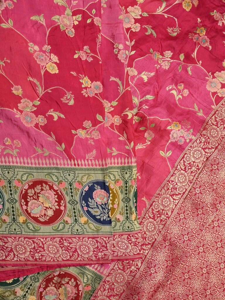 Dola silk fancy saree pink and red color allover weaves & zari border with rich pallu and attached plain blouse