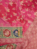Dola silk fancy saree pink and red color allover weaves & zari border with rich pallu and attached plain blouse
