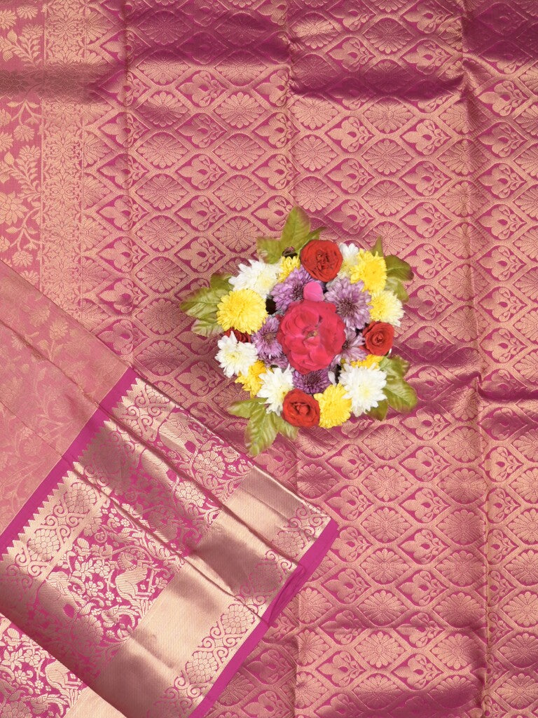 Kanchi pattu saree onion pink color allover zari weaves & zari border with rich pallu and contrast plain blouse