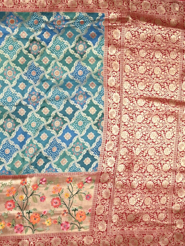 Dola silk fancy saree blue color allover weaves & zari border with rich pallu and attached plain blouse