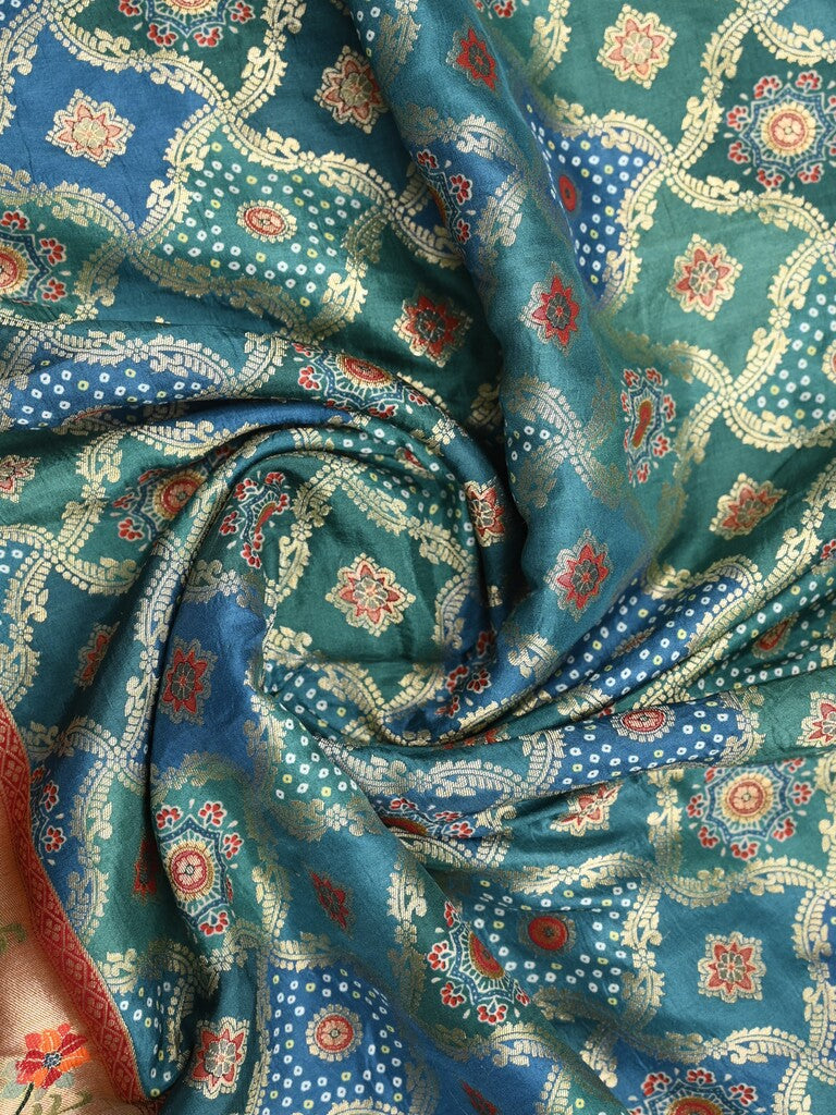 Dola silk fancy saree blue color allover weaves & zari border with rich pallu and attached plain blouse