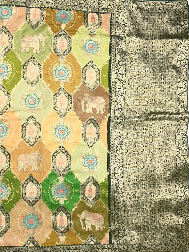 Dola silk fancy saree multi color allover weaves & zari border with rich pallu and attached plain blouse Copy