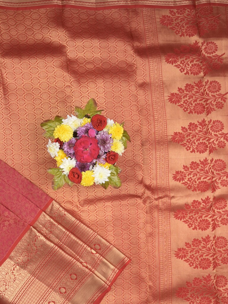 Kanchi pattu saree red color allover zari weaves & zari border with rich pallu and contrast plain blouse