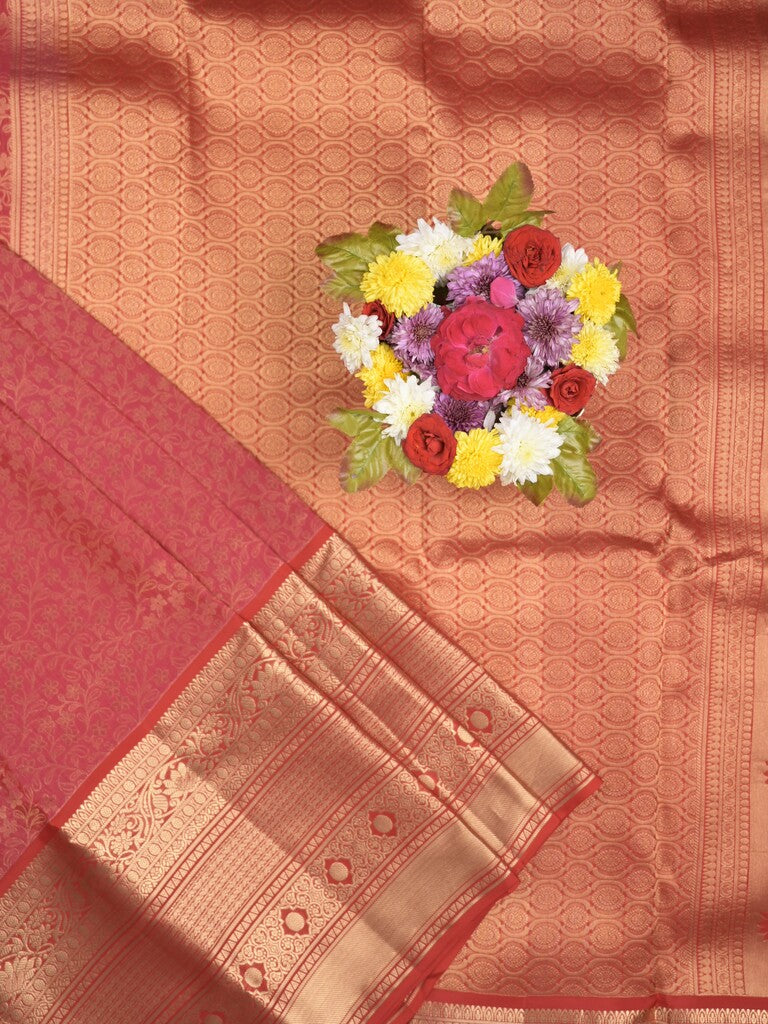 Kanchi pattu saree red color allover zari weaves & zari border with rich pallu and contrast plain blouse