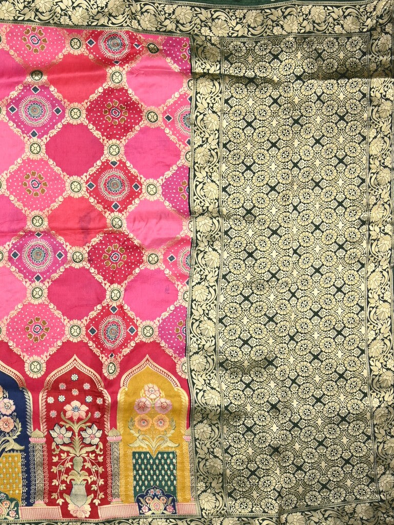 Dola silk fancy saree pink color allover weaves & zari border with rich pallu and attached plain blouse