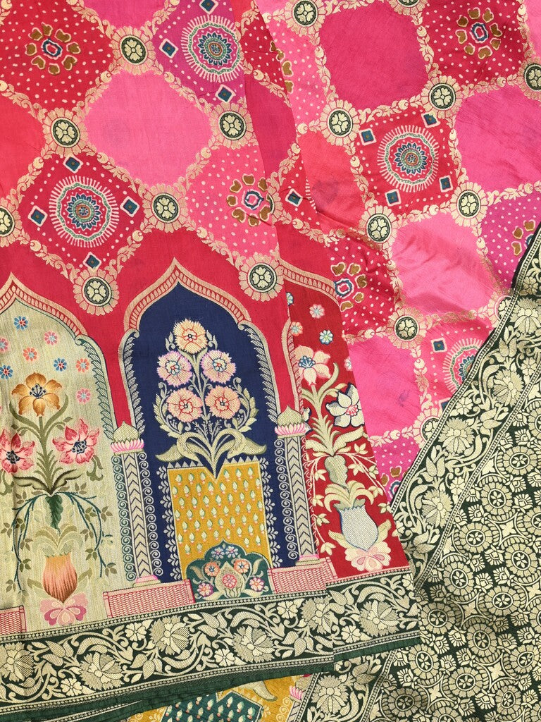 Dola silk fancy saree pink color allover weaves & zari border with rich pallu and attached plain blouse