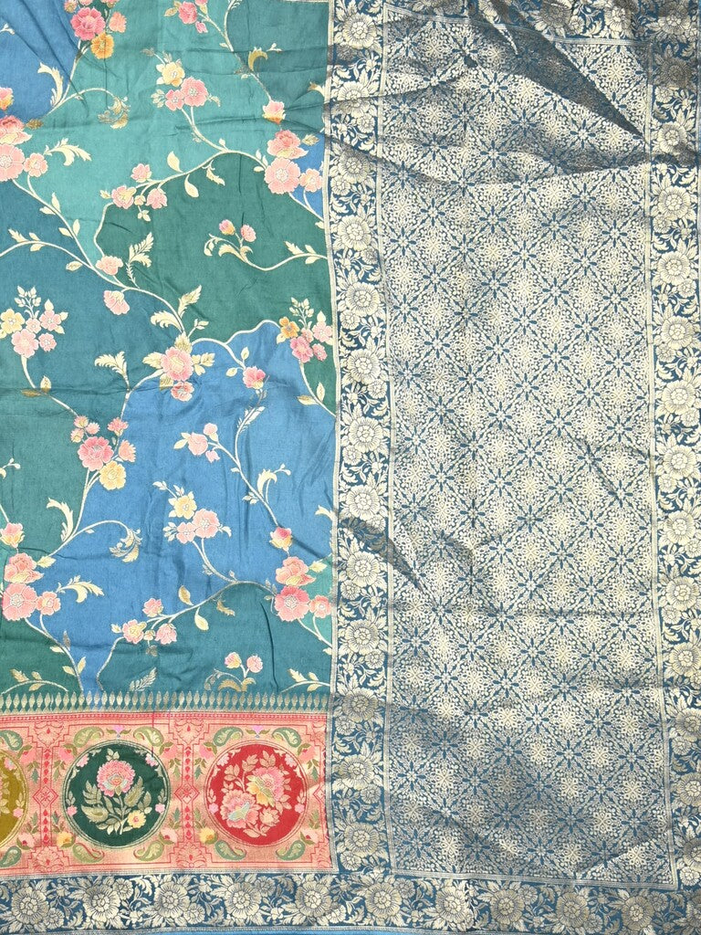 Dola silk fancy saree multi color allover weaves & zari border with rich pallu and attached plain blouse