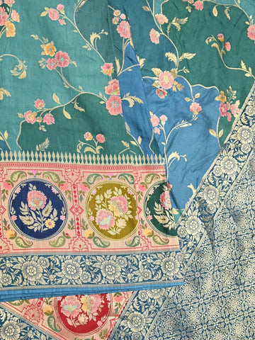 Dola silk fancy saree multi color allover weaves & zari border with rich pallu and attached plain blouse