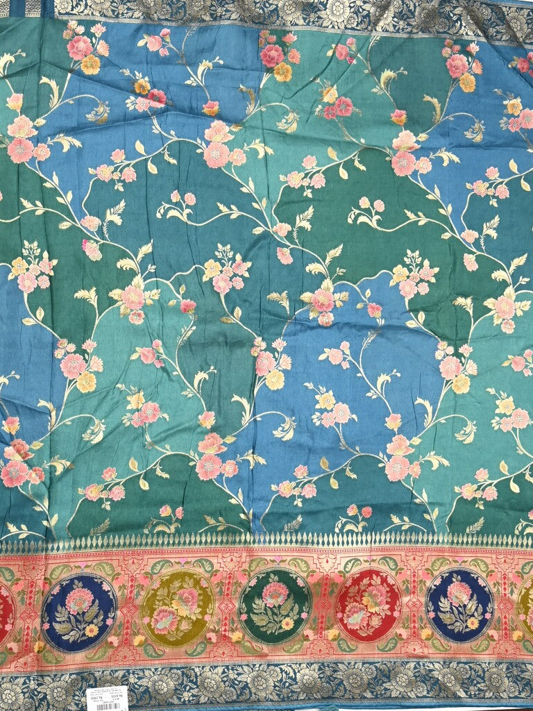Dola silk fancy saree multi color allover weaves & zari border with rich pallu and attached plain blouse