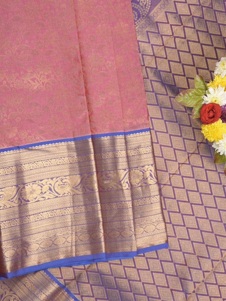 Kanchi pattu saree light pink color allover zari weaves & zari border with rich pallu and contrast plain blouse