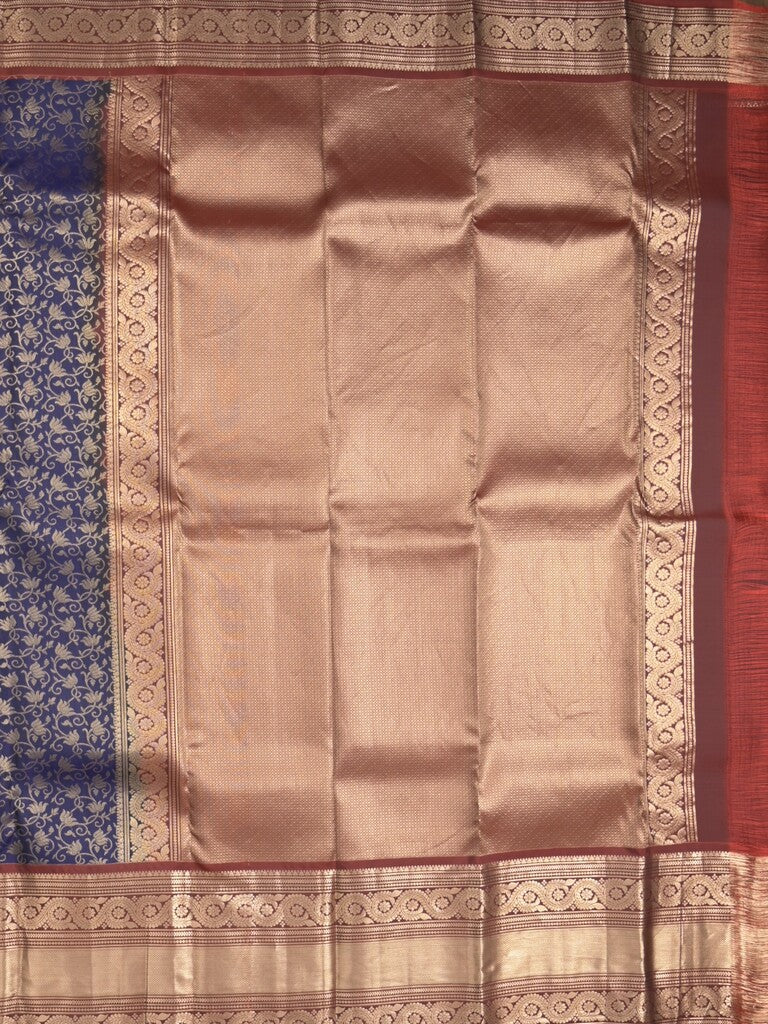 Kanchi pattu saree navy blue color allover zari weaves & zari border with rich pallu and contrast plain blouse