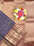Kanchi pattu saree navy blue color allover zari weaves & zari border with rich pallu and contrast plain blouse