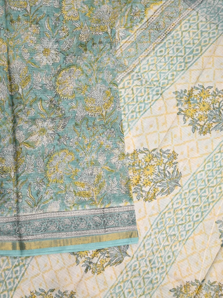 Kota fancy saree pastel blue color allover prints & small zari border with printed pallu and printed blouse