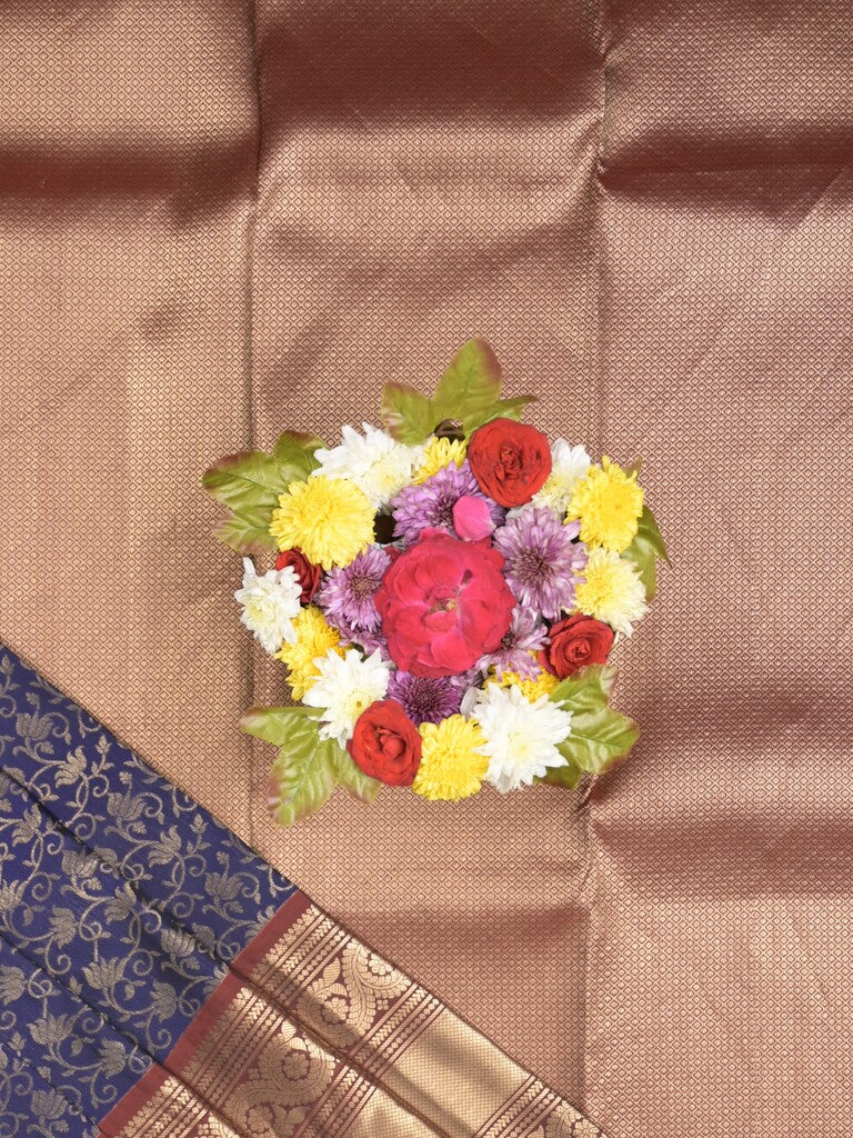 Kanchi pattu saree navy blue color allover zari weaves & zari border with rich pallu and contrast plain blouse