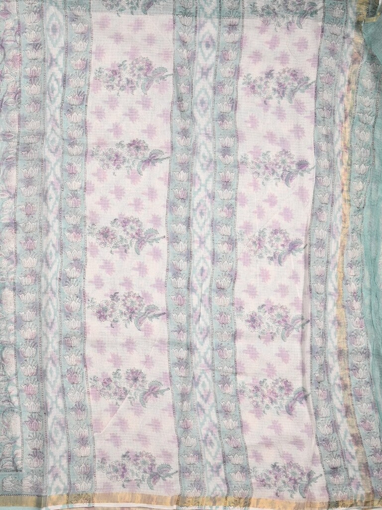 Kota fancy saree white color allover prints & small zari border with printed pallu and printed blouse