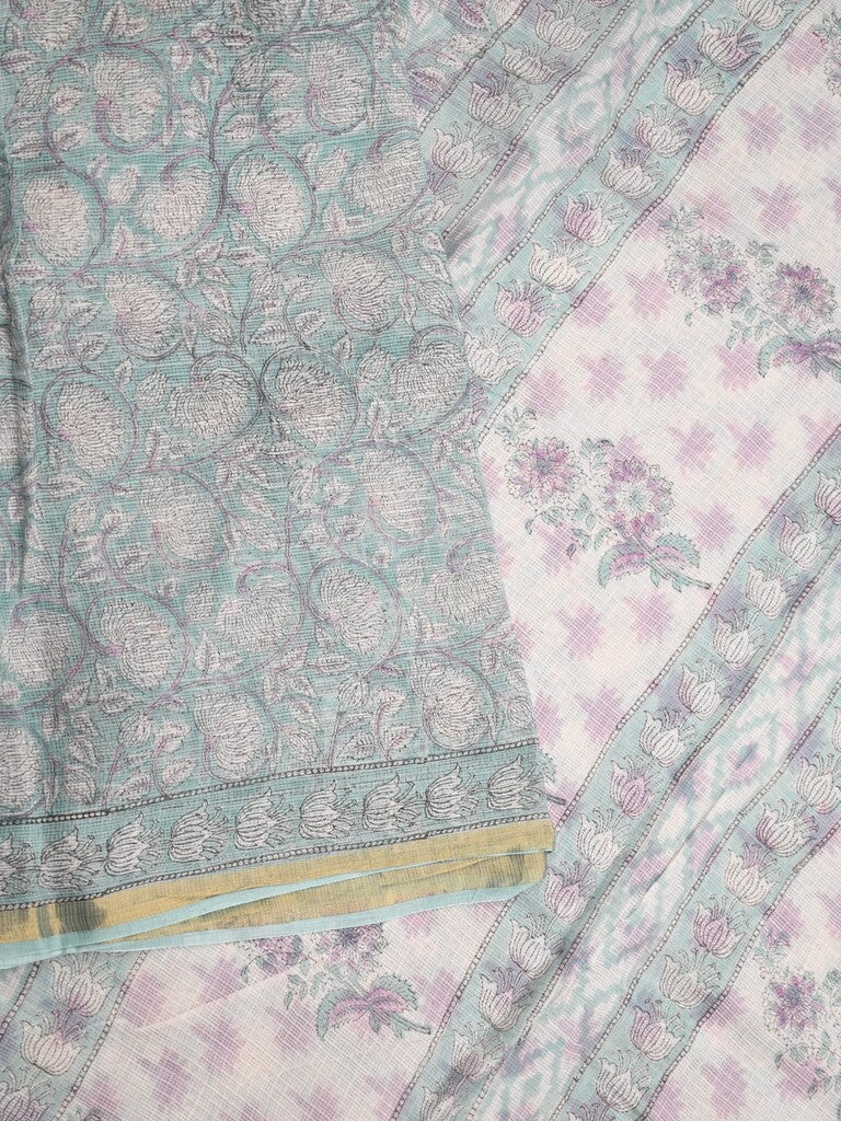 Kota fancy saree white color allover prints & small zari border with printed pallu and printed blouse