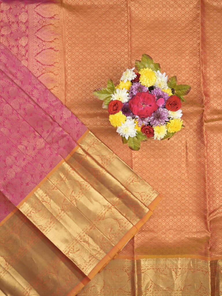 Kanchi pattu saree pink color allover zari weaves & zari border with rich pallu and contrast plain blouse