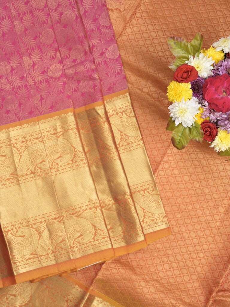 Kanchi pattu saree pink color allover zari weaves & zari border with rich pallu and contrast plain blouse