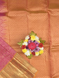 Kanchi pattu saree pink color allover zari weaves & zari border with rich pallu and contrast plain blouse