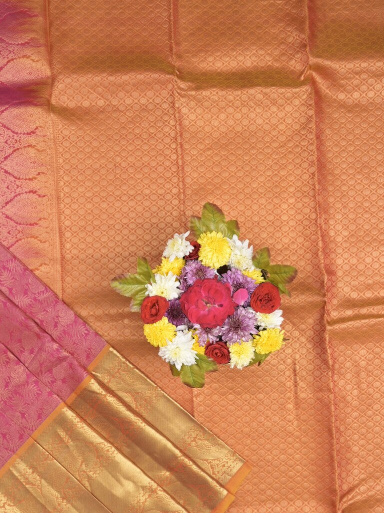 Kanchi pattu saree pink color allover zari weaves & zari border with rich pallu and contrast plain blouse