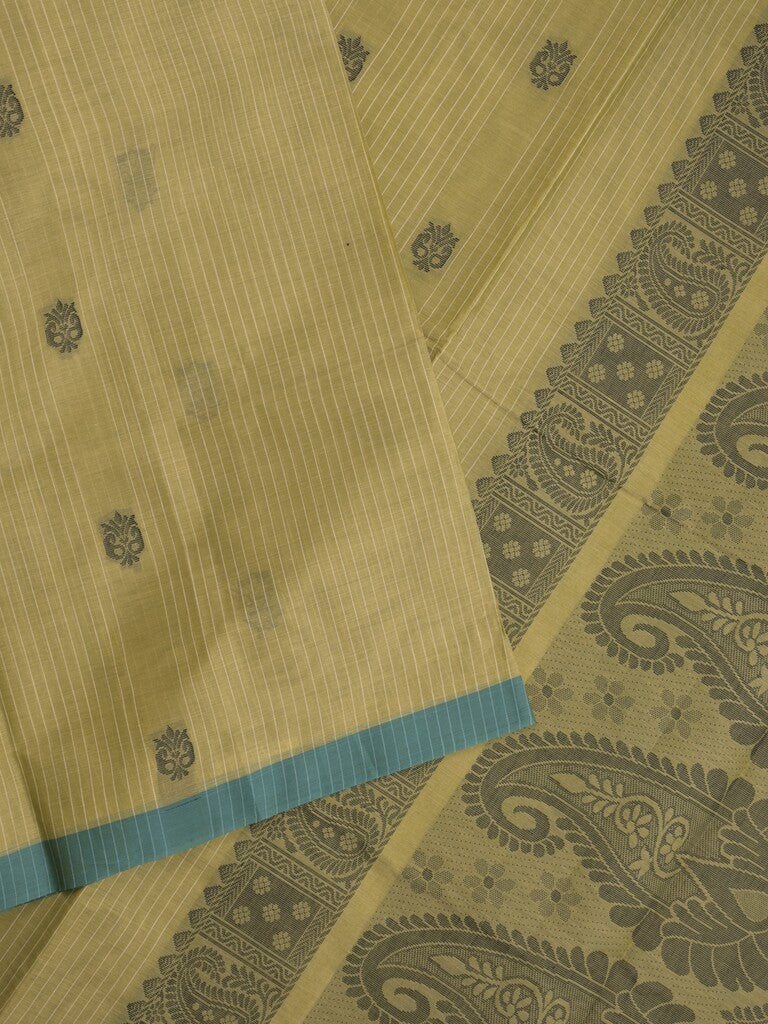 Kanchi cotton saree with allover motifs & contrast border with attached blouse