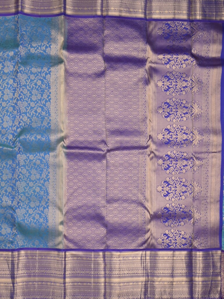 Kanchi pattu saree blue color allover zari weaves & zari border with rich pallu and contrast plain blouse