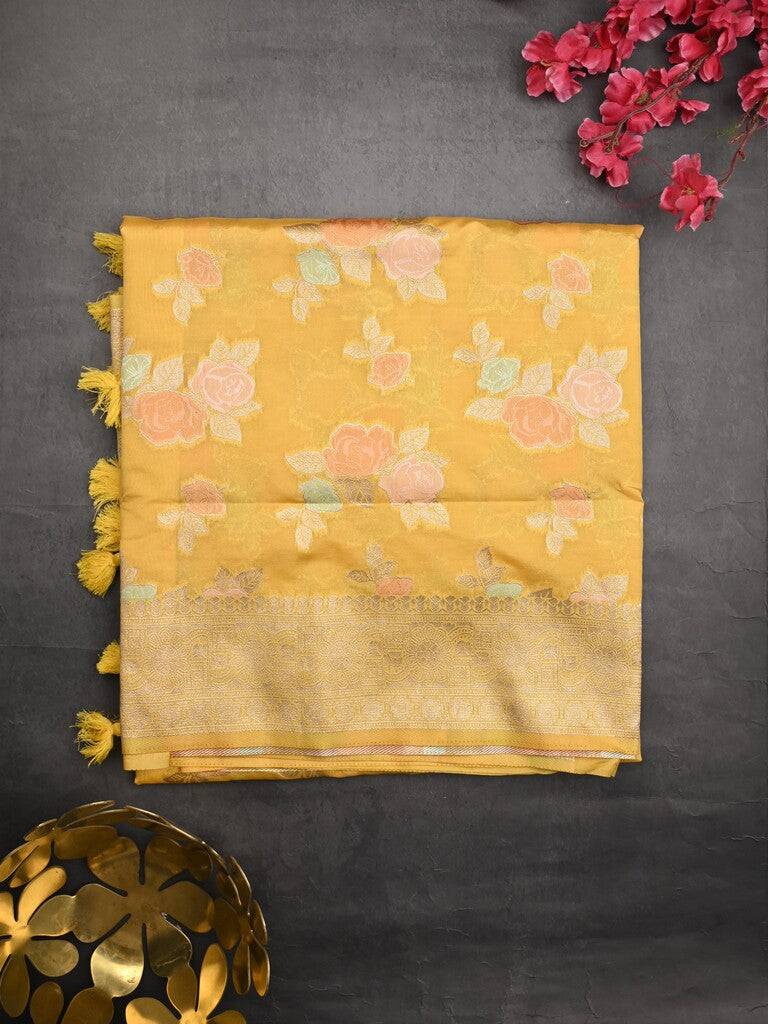 Dupion fancy saree yellow color allover weaves & zari border with zari pallu and plain self blouse