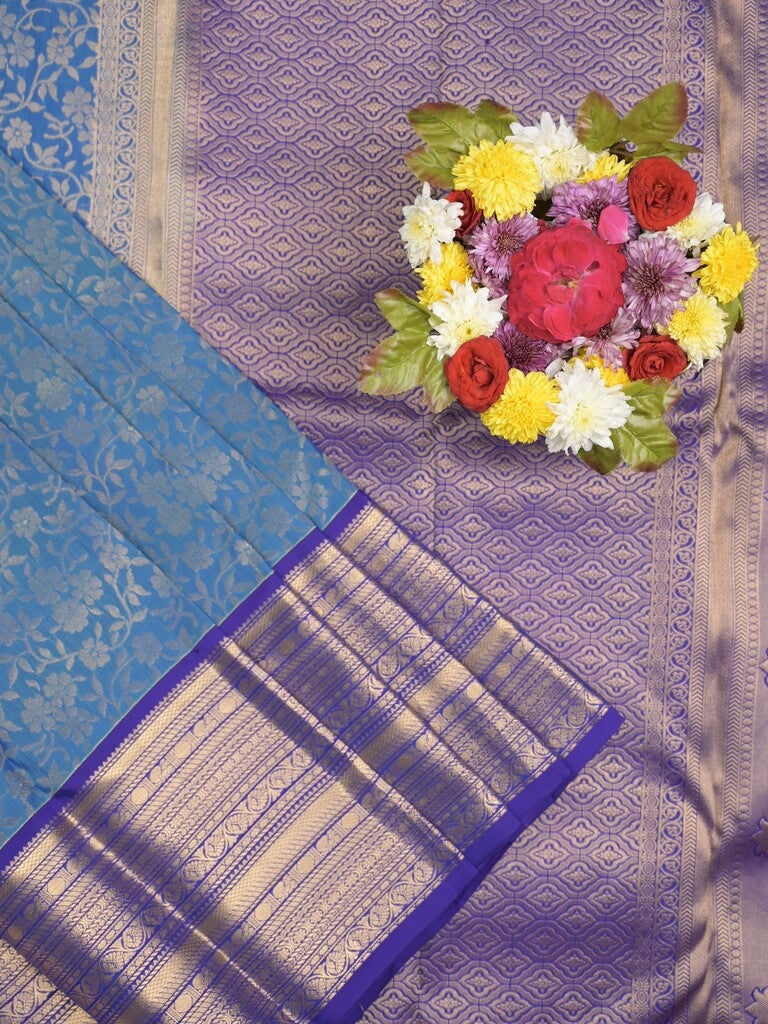 Kanchi pattu saree blue color allover zari weaves & zari border with rich pallu and contrast plain blouse
