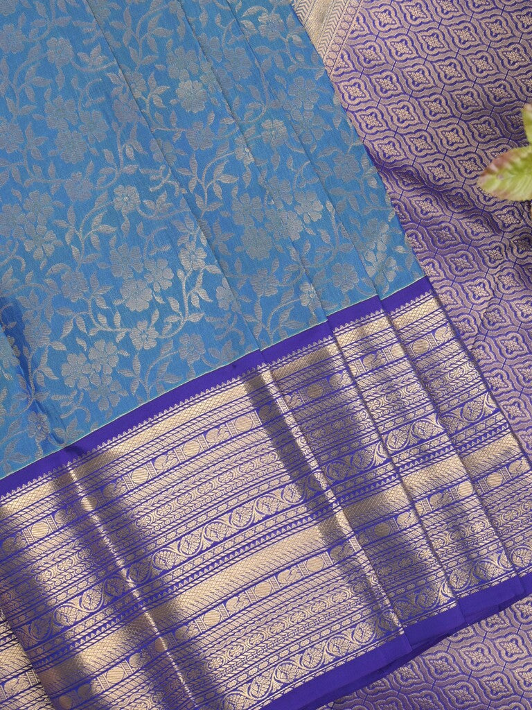 Kanchi pattu saree blue color allover zari weaves & zari border with rich pallu and contrast plain blouse