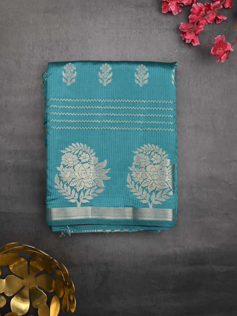 Dupion fancy saree sky blue color allover weaves & zari border with zari pallu and contrast blouse