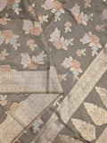 Dupion fancy saree grey color allover weaves & zari border with zari pallu and plain self blouse