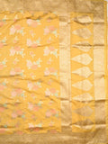 Dupion fancy saree yellow color allover weaves & zari border with zari pallu and plain self blouse