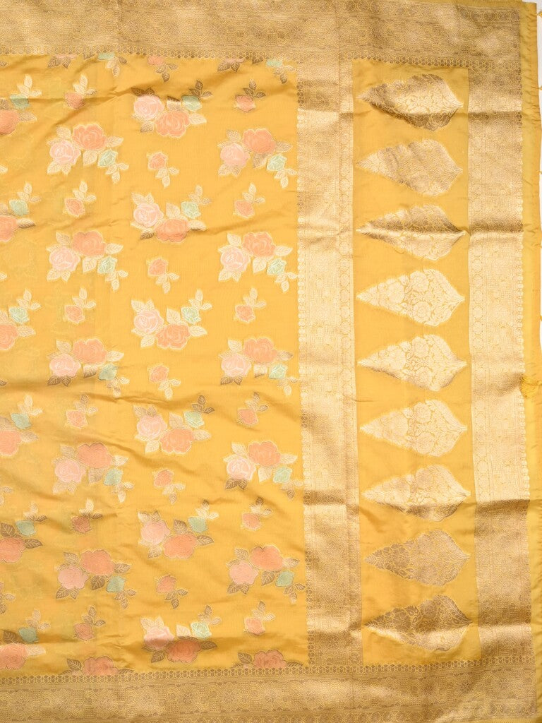 Dupion fancy saree yellow color allover weaves & zari border with zari pallu and plain self blouse