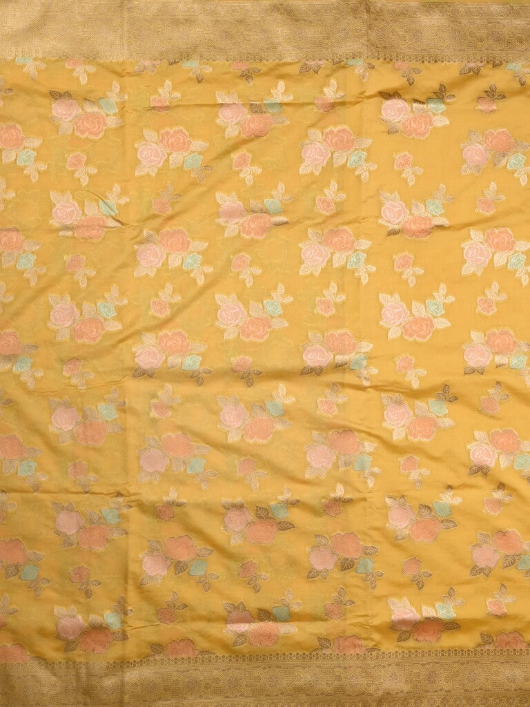 Dupion fancy saree yellow color allover weaves & zari border with zari pallu and plain self blouse