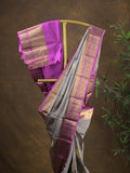 Kanchi pattu saree bluish grey color allover zari motifs & zari border with rich pallu and contrast plain blouse