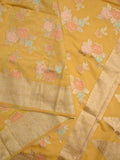 Dupion fancy saree yellow color allover weaves & zari border with zari pallu and plain self blouse