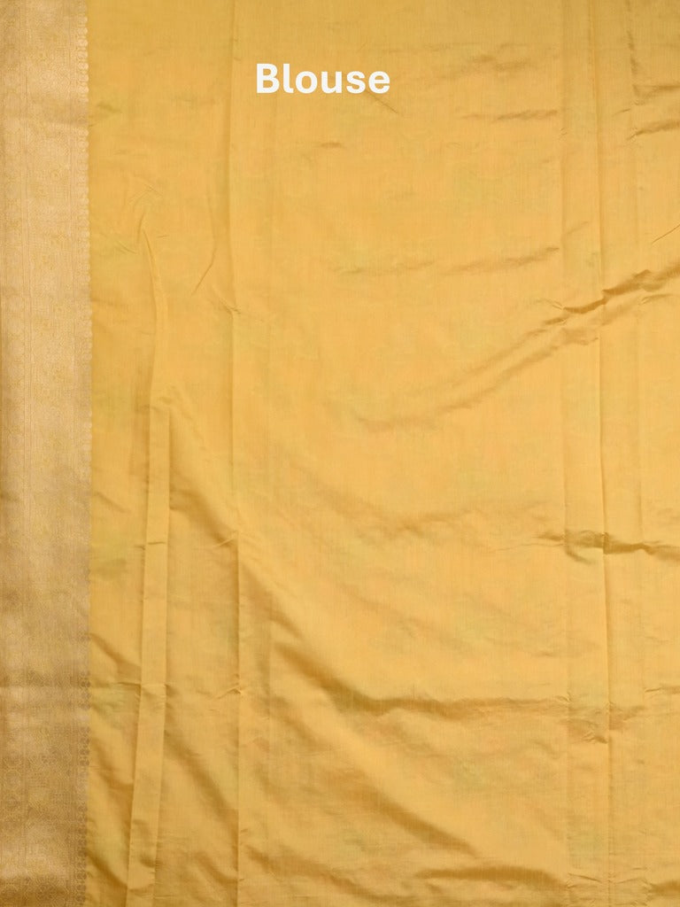 Dupion fancy saree yellow color allover weaves & zari border with zari pallu and plain self blouse