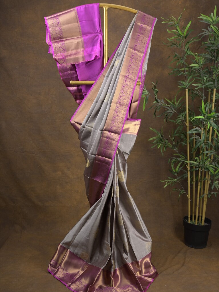 Kanchi pattu saree bluish grey color allover zari motifs & zari border with rich pallu and contrast plain blouse