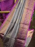 Kanchi pattu saree bluish grey color allover zari motifs & zari border with rich pallu and contrast plain blouse