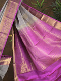Kanchi pattu saree bluish grey color allover zari motifs & zari border with rich pallu and contrast plain blouse