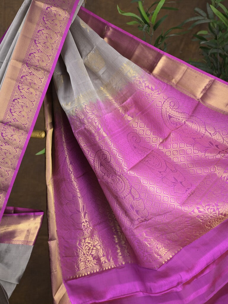 Kanchi pattu saree bluish grey color allover zari motifs & zari border with rich pallu and contrast plain blouse